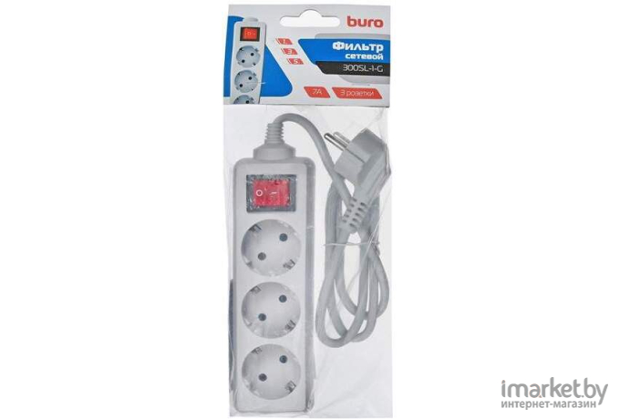 Сетевой фильтр Buro 300SL-1-G 3 розетки пакет ПЭ серый