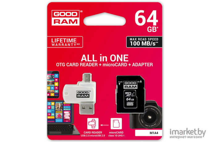 Карта памяти GOODRAM 64GB microSD Class 10 UHS I 3 in1 memory set: SD adapter + USB cardreader [M1A4-0640R12]