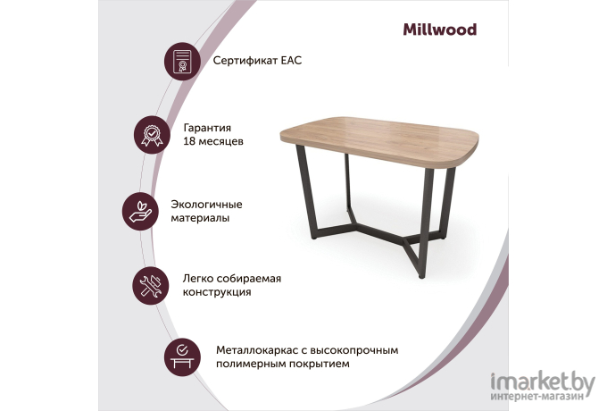 Стол обеденный Millwood Лофт Мюнхен 130x80x75 дуб белый Craft/металл черный