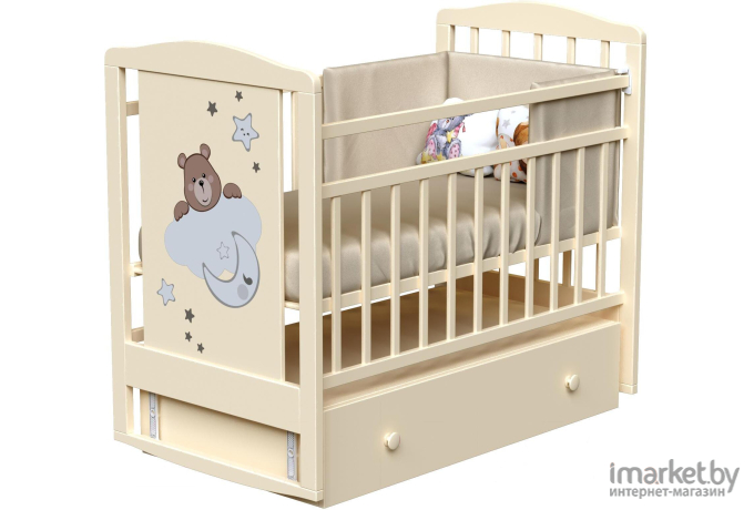 Детская кроватка VDK Sweet Rabbit колесо-качалка и ящик слоновая кость