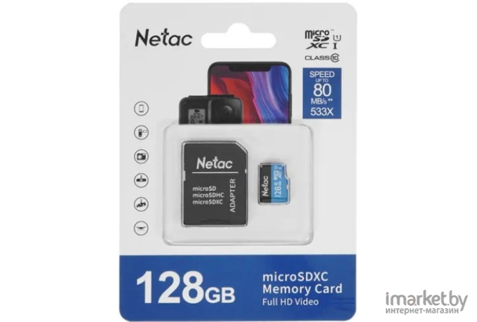 Карта памяти Netac MicroSDXC128GB Class 10 UHS-I U1 P500 Standard + адаптер [NT02P500STN-128G-R]
